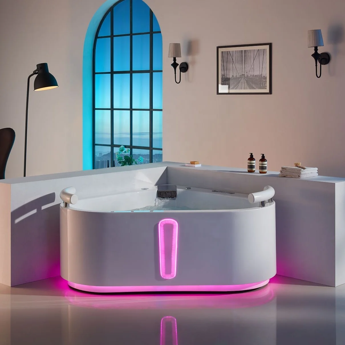 Акриловая белая переносная ванна для взрослых, угловая ванна на 2 персоны, комбинированные гидромассажные ванны, водовороты, воздушная ванна Изображение 0