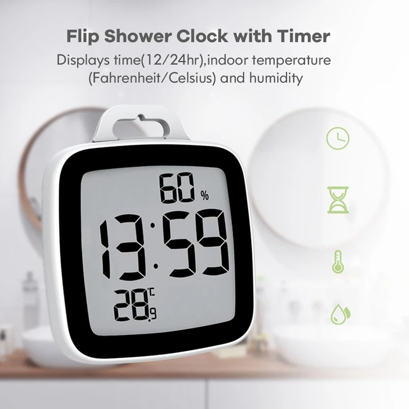 Водонепроницаемые цифровые часы для ванной комнаты с ЖК-экраном, измеритель температуры и влажности, обратный отсчет времени, откидные часы для душа с таймером на крючке Изображение 1