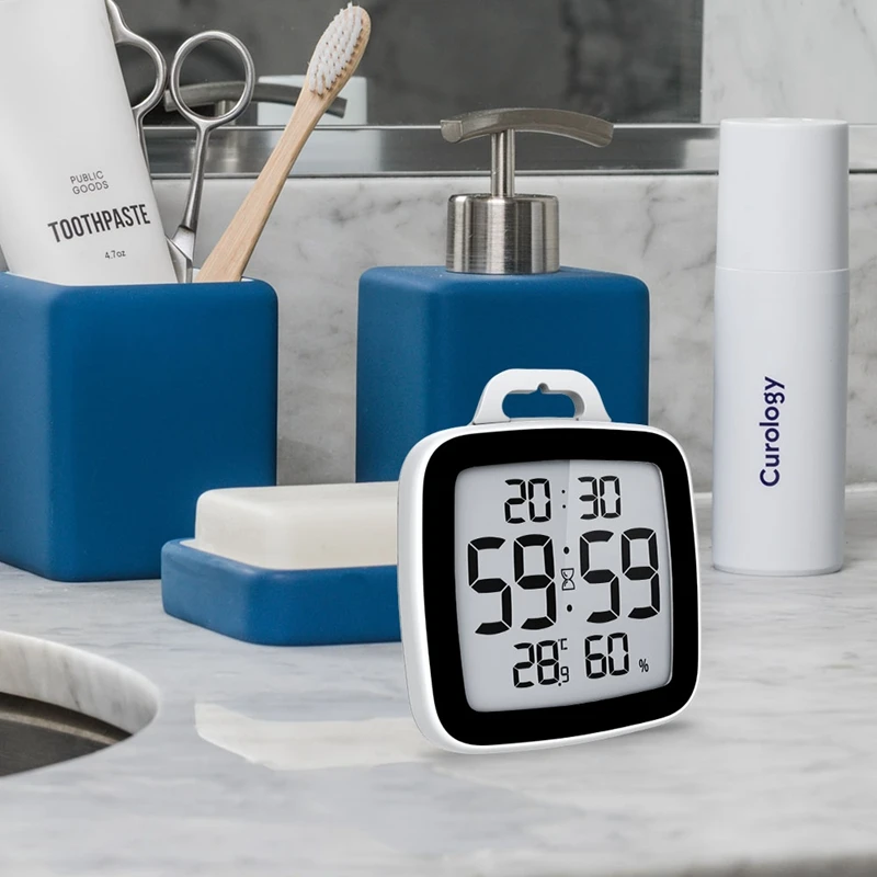 Водонепроницаемые цифровые часы для ванной комнаты с ЖК-экраном, измеритель температуры и влажности, обратный отсчет времени, откидные часы для душа с таймером на крючке Изображение 3