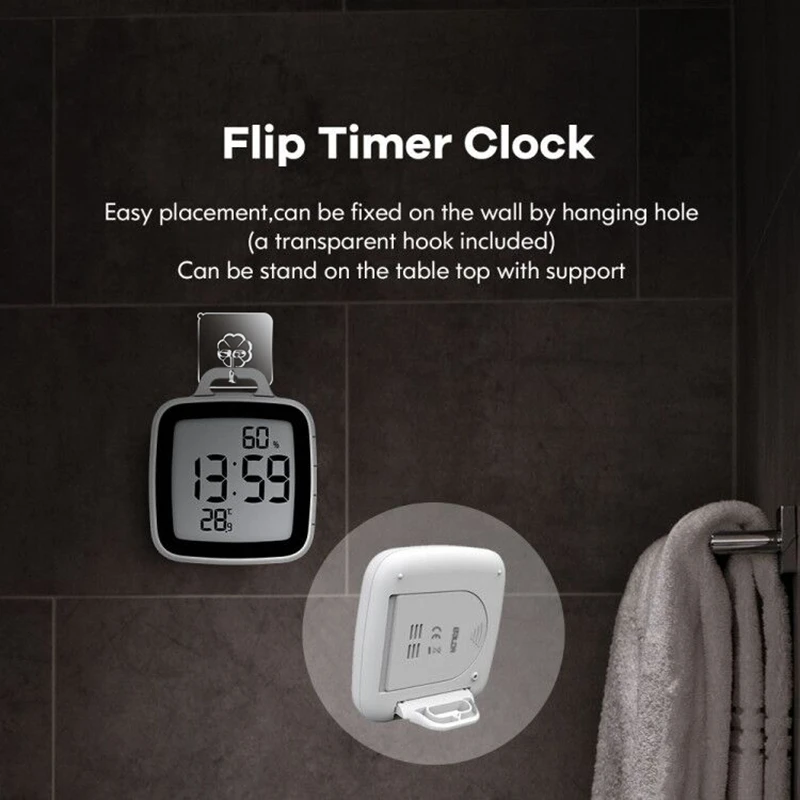 Водонепроницаемые цифровые часы для ванной комнаты с ЖК-экраном, измеритель температуры и влажности, обратный отсчет времени, откидные часы для душа с таймером на крючке Изображение 4