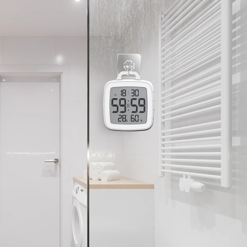 Водонепроницаемые цифровые часы для ванной комнаты с ЖК-экраном, измеритель температуры и влажности, обратный отсчет времени, откидные часы для душа с таймером на крючке Изображение 5