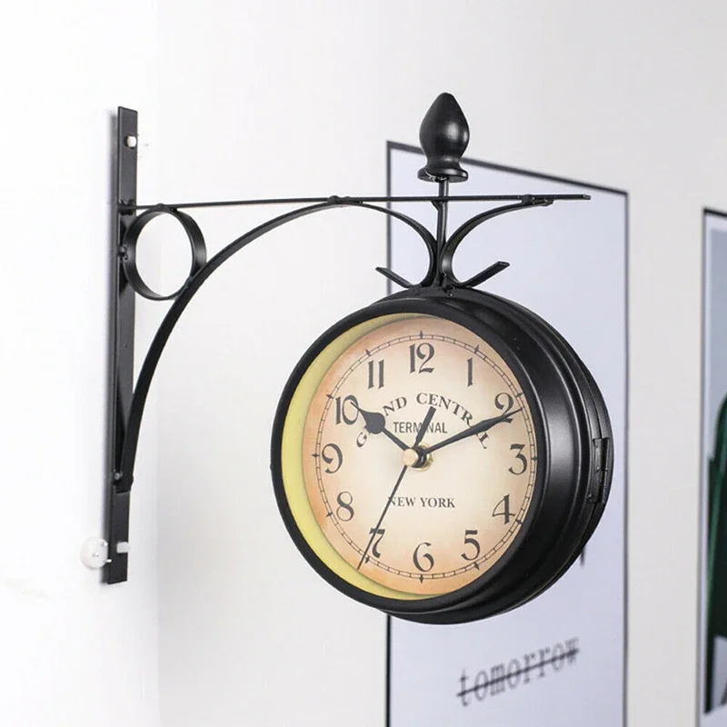 Двусторонняя Внешняя Подвесная станция с двойным железным украшением, Часы в стиле ретро, Садовые часы, Европейский Центральный настенный кронштейн Изображение 2