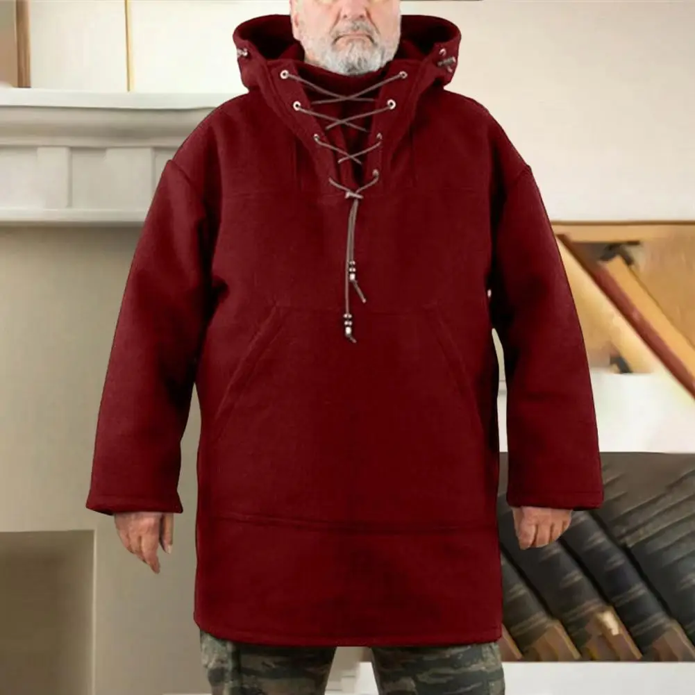 Дышащая мужская толстовка средней длины, стильная мужская толстовка средней длины с капюшоном, теплый пуловер на шнуровке спереди Изображение 1