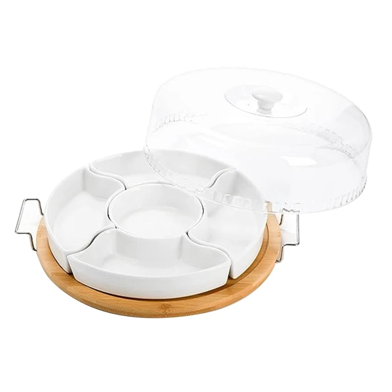 Керамическая Разделенная сервировочная посуда, блюдо с прозрачной крышкой, бамбуковый поднос для закусок с ручками, 5 съемных мисок для закусок, долговечные Изображение 0