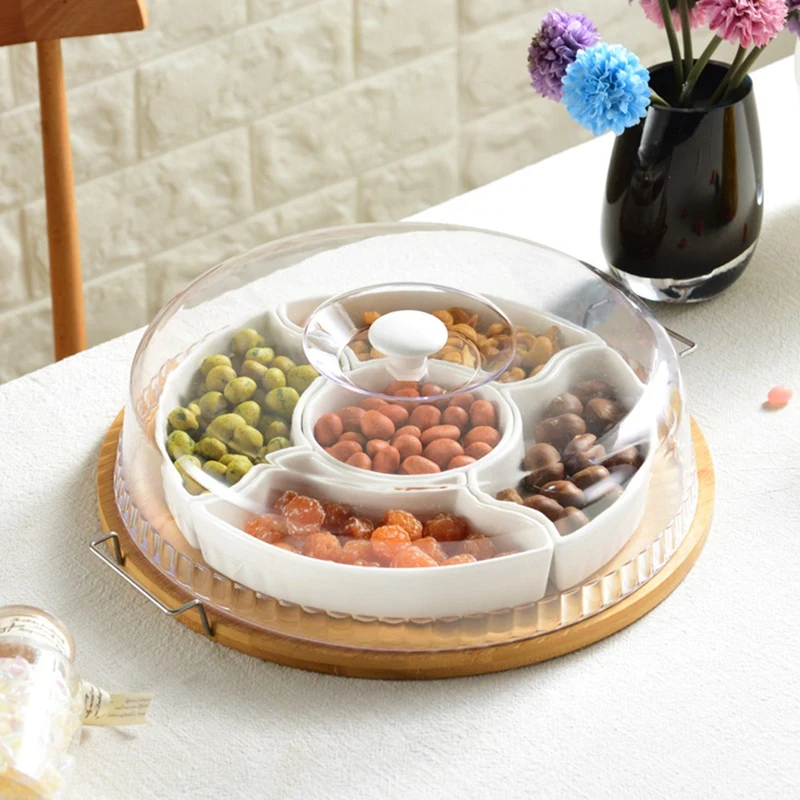 Керамическая Разделенная сервировочная посуда, блюдо с прозрачной крышкой, бамбуковый поднос для закусок с ручками, 5 съемных мисок для закусок, долговечные Изображение 2