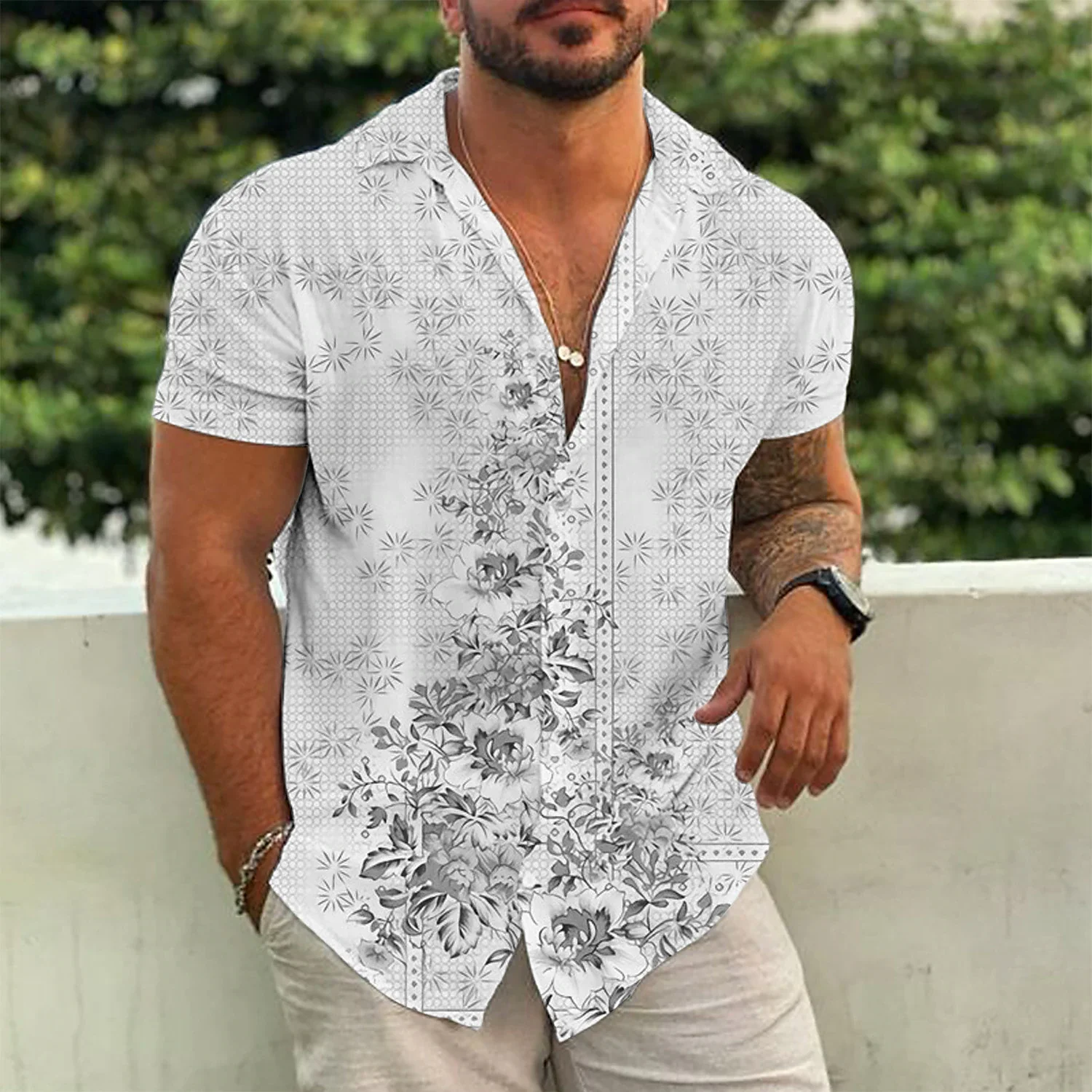 Летняя гавайская рубашка для отдыха и пляжа с коротким рукавом 2023, однобортная мужская рубашка Изображение 3