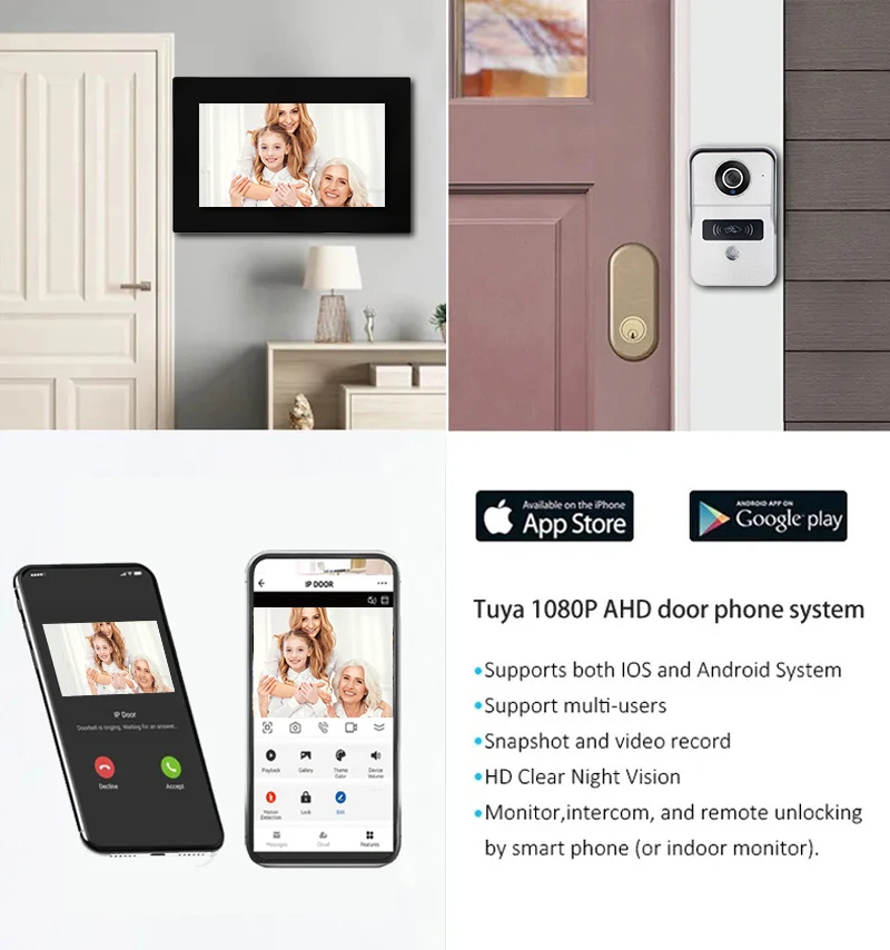 Проводной видеодомофон Wifi в частном доме, 2-мегапиксельный видеодомофон для квартиры, домашний Дверной звонок с разрешением 1080P, 7/10-дюймовый монитор Tuya Изображение 4