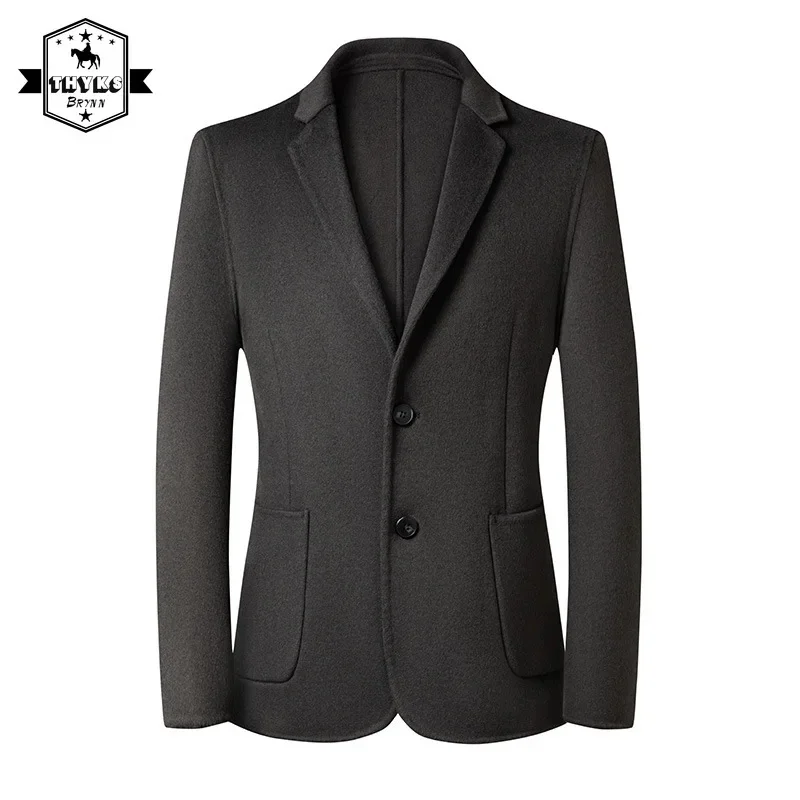 Шерстяной деловой приталенный блейзер, мужской однотонный свободный повседневный официальный полушерстяной пиджак, мужское простое элегантное теплое пальто, осень Изображение 0