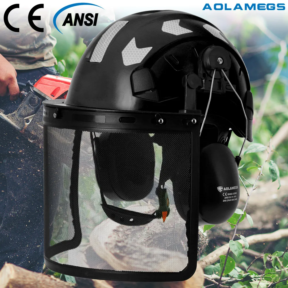 Шлем безопасности промышленного лесного хозяйства CE с сетчатой защитной маской для лица и наушниками Бензопила для лесозаготовок, каска для деревообрабатывающего работника из АБС-пластика ANSI Изображение 1