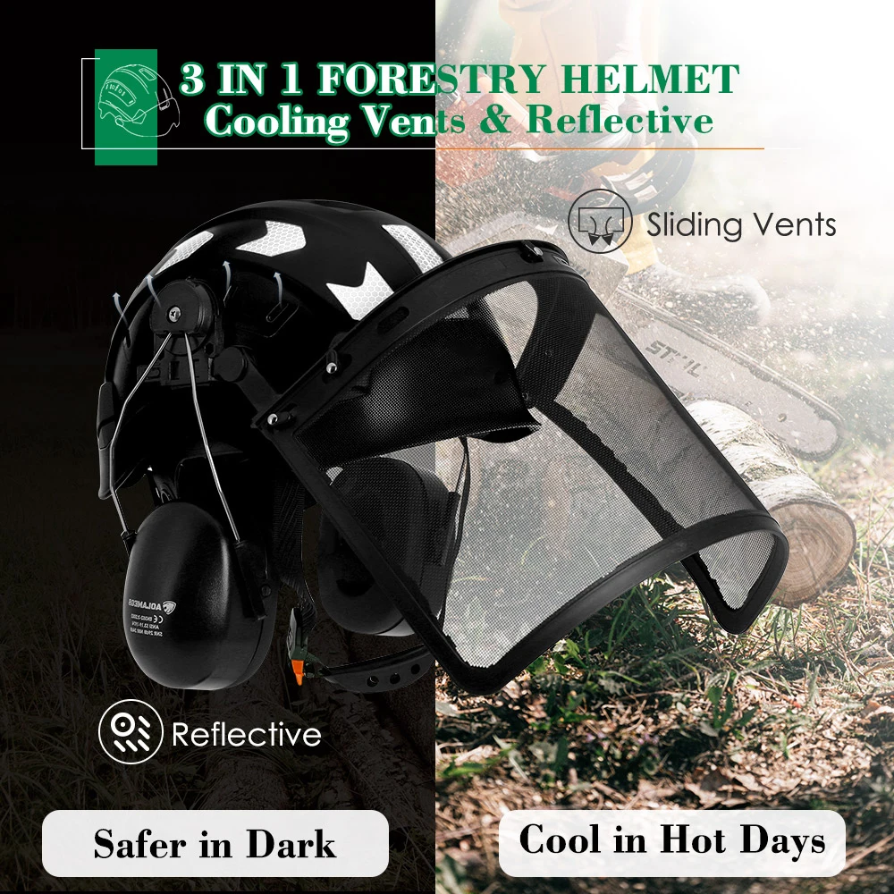 Шлем безопасности промышленного лесного хозяйства CE с сетчатой защитной маской для лица и наушниками Бензопила для лесозаготовок, каска для деревообрабатывающего работника из АБС-пластика ANSI Изображение 2