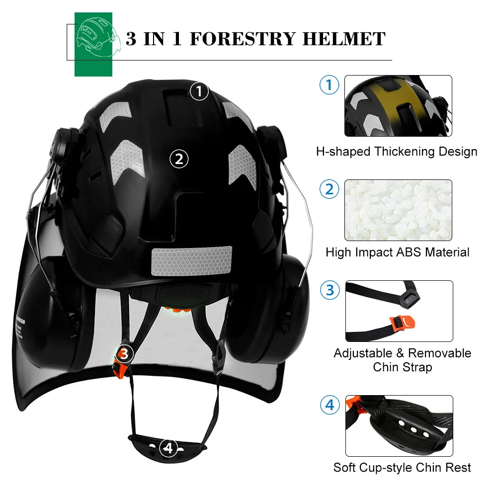Шлем безопасности промышленного лесного хозяйства CE с сетчатой защитной маской для лица и наушниками Бензопила для лесозаготовок, каска для деревообрабатывающего работника из АБС-пластика ANSI Изображение 4