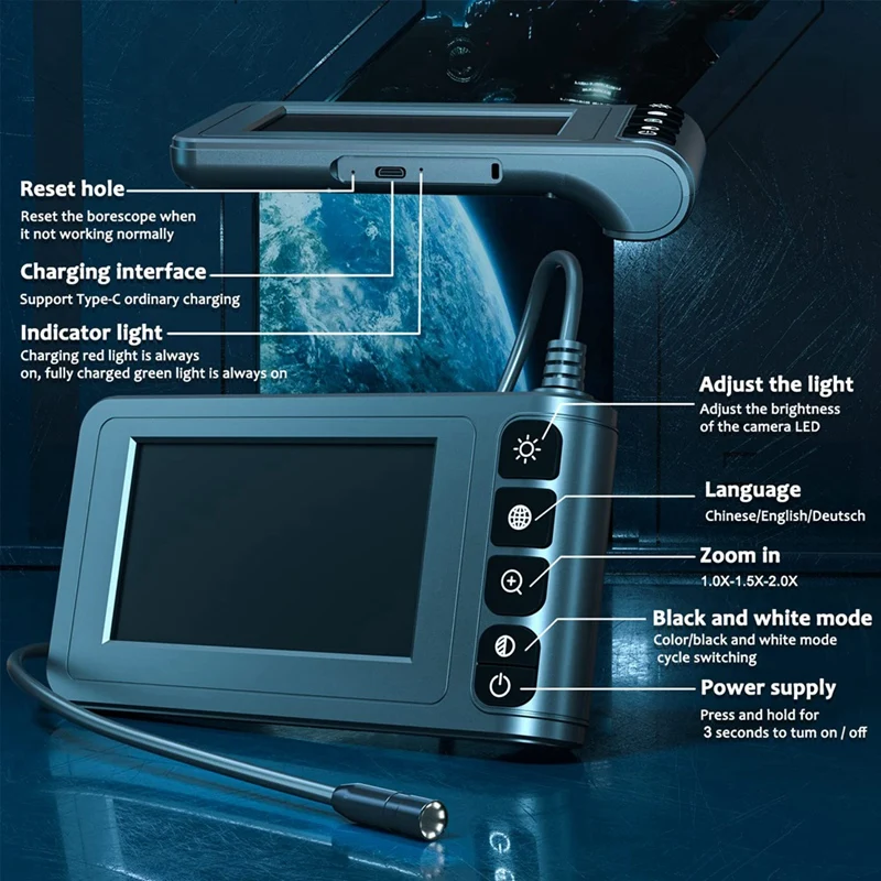 Эндоскопическая Бороскопическая камера со светло-черным 4,3-дюймовым ЖК-экраном Водонепроницаемая камера для осмотра канализации с 8 светодиодами Изображение 5